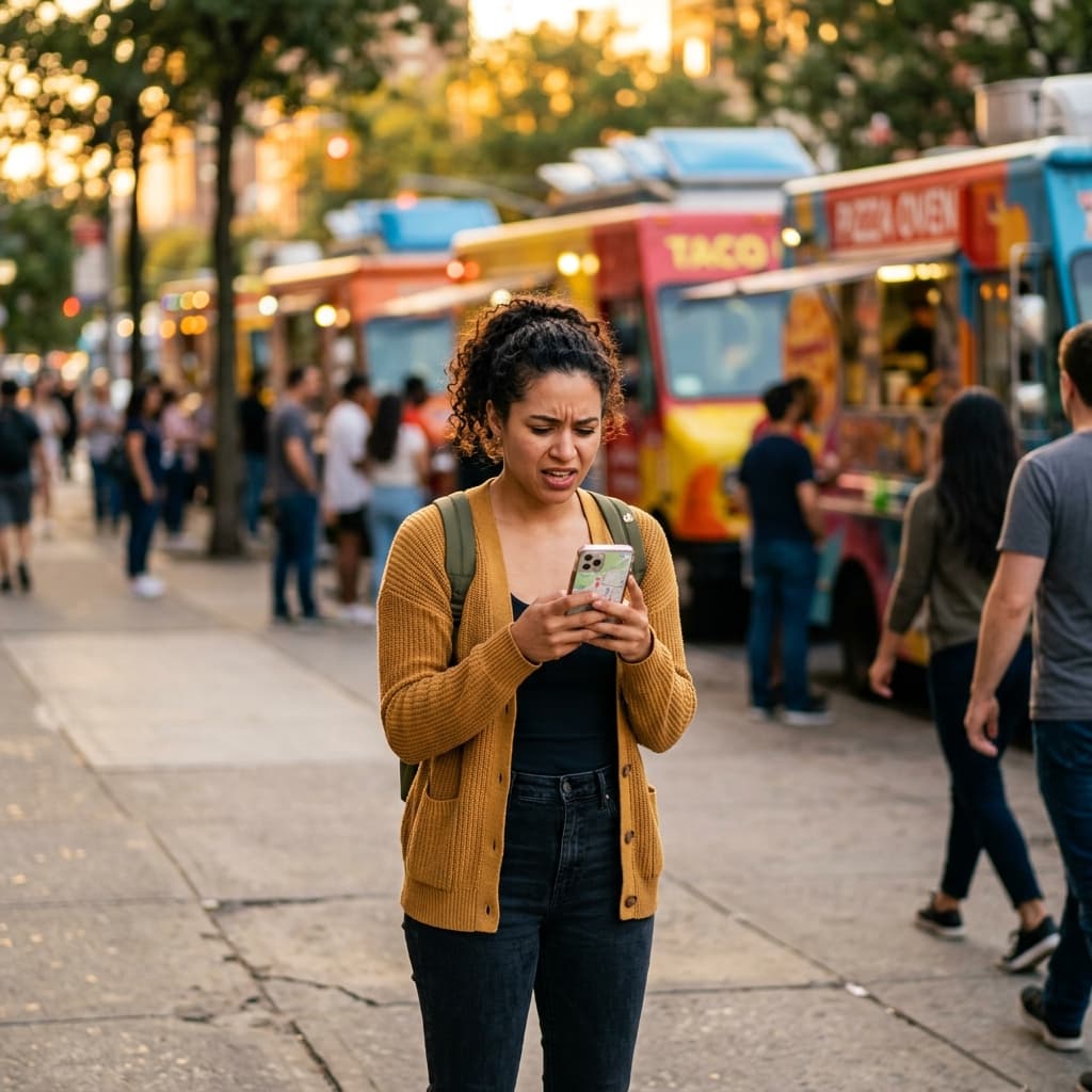 Person frustrated looking at phone near food trucks
